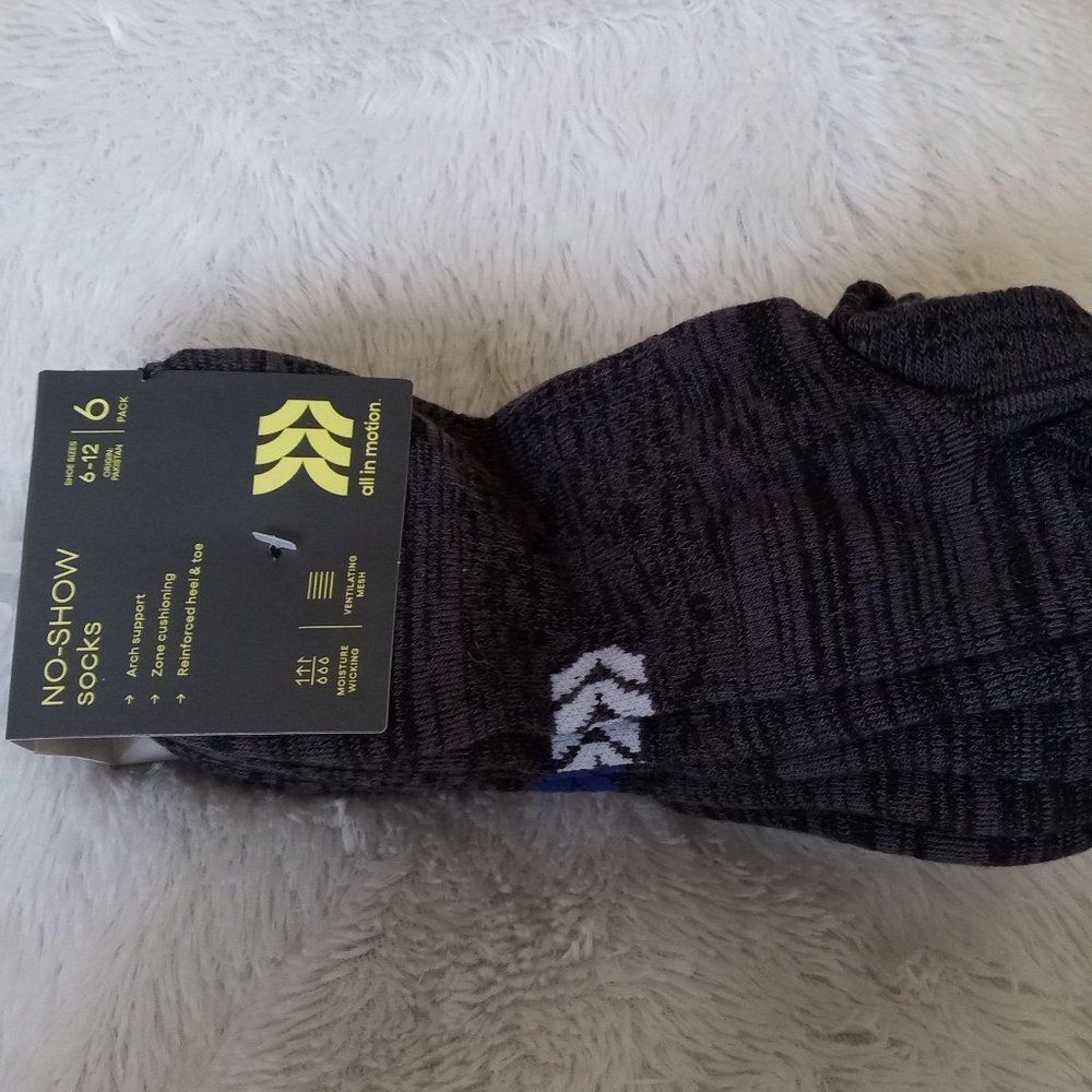6pk All in Motion No Show Socks - Size 6-12 (Grey Dk / Multi)- NEW!!!